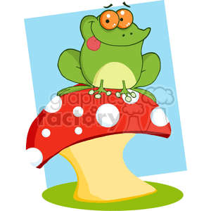 The clipart image features a whimsical cartoon illustration of a funny, green frog sitting on top of a large red mushroom with white spots. The frog looks happy and is wearing big, round, orange glasses. The mushroom is styled like the classic fairytale or fantasy fungi often depicted in storybooks, and the frog has a playful expression on its face. The background consists of a simple blue sky and a green patch of grass, enhancing the lively and colorful appeal of the illustration.
