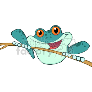 The image depicts a cartoon frog with a funny expression. It is clinging to a brown branch with its forelimbs, has bright orange eyes with large black pupils, a wide open mouth revealing a pink tongue, and sky blue skin with darker blue spots. Its hind limbs are splayed out to the sides, and the frog appears to be in a playful or cheeky pose.