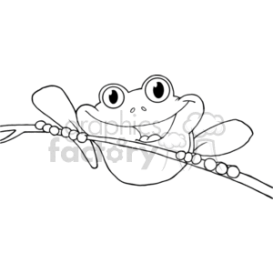 The clipart image depicts a cartoon frog with a comically large, wide grin, sitting on a reed or branch that is angled diagonally across the image. The frog's eyes are large and bulging, adding to the humorous expression. No background detail is provided, suggesting that the focus is solely on the amphibian character.