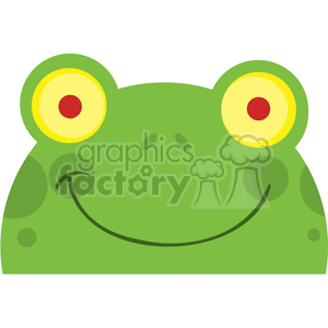The clipart image depicts a simplified, cartoon-like illustration of a green frog's face. The frog has large eyes with yellow and red concentric circles, a friendly smile, and lighter green spots on its cheeks. The overall tone of the image is playful and whimsical, suitable for children's media or as a fun visual element.