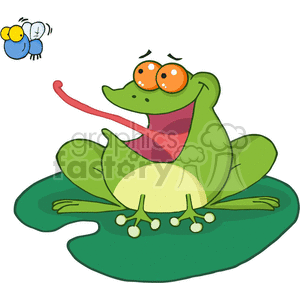 This clipart image depicts a humorous scene with a cartoon frog sitting on a lily pad. The frog has a wide, exaggerated tongue sticking out, aiming towards a flying blue insect with a dazed expression. The frog itself has a happy, contented look with bulging eyes that have orange irises, suggesting a funny and lighthearted interaction between the frog and the insect in a swampy environment.