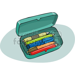 Cartoon pencil box with pencils and pens