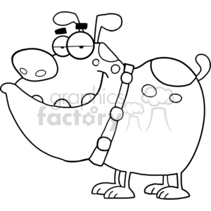 The image is a black-and-white line drawing of a cartoon dog. It has big, exaggerated features, such as a large, round body and an oversized mouth. The dog is wearing a collar with a leash attached and has spots on its back and rear. It's standing on all fours and appears to be in a playful or happy stance.