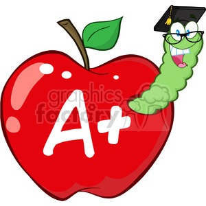 4946-Clipart-Illustration-of-Happy-Worm-In-Red-Apple-With-Graduate-Cap,Glasses-And-Leter-A-Plus