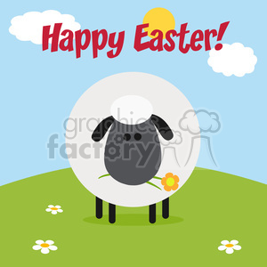 8232 Royalty Free RF Clipart Illustration Cute Black Head Sheep With Flower On A Hill Modern Flat Design Vector Illustration With Text