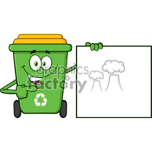 Talking Green Recycle Bin Cartoon Mascot Character Pointing To A Blank Sign Banner Vector