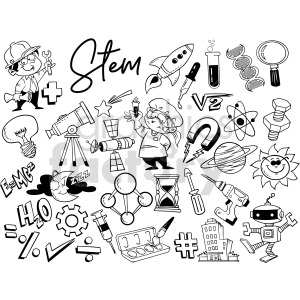 black and white STEM doodle page vector clipart
