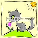 Animated kitten smelling tulip