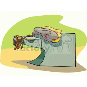 This clipart image displays a pair of gloves, likely protective in nature, draped over the edge of an anvil, which is a tool traditionally used in blacksmithing and metal fabrication. Additionally, there appears to be a variety of horseshoes hanging on the horn of the anvil, directly referencing the practice of farriery within the agricultural sector. The horseshoes and the anvil suggest the creation or repair of agricultural equipment or the shoeing of horses, which are common tasks in the realm of blacksmithing and agriculture.