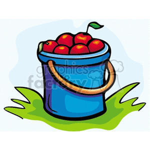 The clipart image depicts a blue bucket filled with red apples, which has a single handle and is sitting on what appears to be green grass.
