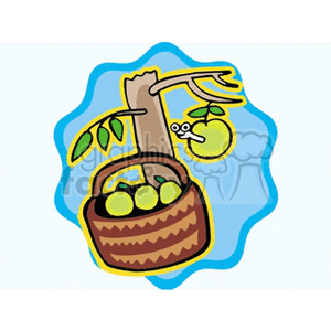 The image shows a stylized illustration of a tree branch with green apples, one of which has a little worm peeking out. Below the branch, there is a handled wicker basket filled with green apples, suggesting the theme of apple harvesting.