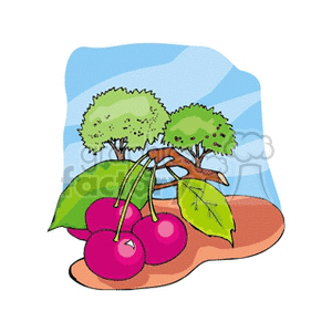 This clipart image depicts a small cluster of bright red cherries with stems and green leaves, set against a stylized background that includes what appears to be an orchard with green trees under a blue sky. The cherries are sitting on what may be dirt or ground, suggesting they are freshly picked from the trees in the background.