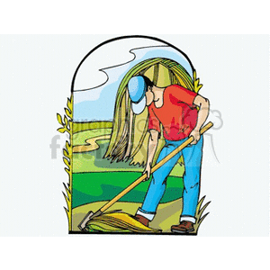 The clipart image shows a cartoon representation of a farmer working in a field. The farmer is depicted as bending forward while using a hoe to till the soil. The background illustrates a simplified rural landscape with fields and crops. The farmer is wearing a red shirt, blue jeans, and brown shoes, and has long blonde hair tied in a ponytail.