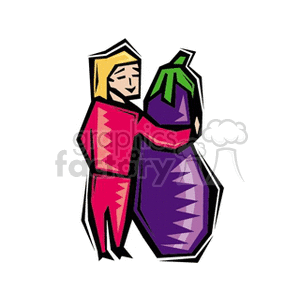 The image features a stylized depiction of a female gardener or farmer embracing a large, prize-worthy eggplant. The woman is wearing a bright, patterned outfit and seems to take pride in her agricultural achievement. The eggplant is oversized, indicating it may be a symbol of success or a prize vegetable in the farming context.