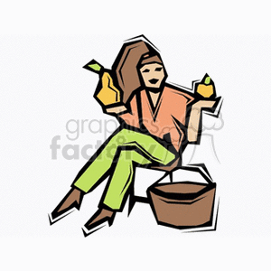 The clipart image depicts a stylized woman sitting down with one leg crossed over the other. She appears to be engaged in an agricultural activity, holding a piece of fruit in each hand—a pear in her right hand and what seems like an apple in her left. Next to her is a brown basket, likely for collecting fruit. The woman is wearing a loose-fitting orange top and green pants, with her brown hair tied back.