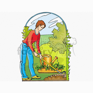 The clipart image shows a woman gardening. She appears to be using a tool, possibly a hoe or rake, to cultivate the soil around plants. There's a watering can near her, suggesting she might be preparing to water the plants. Trees and bushes are in the background, indicating that she is outdoors. The image captures the essence of gardening activities, typically associated with agriculture or yard work.