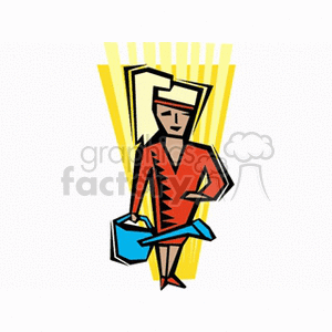 The image is a stylized clipart featuring a blond woman in a red dress. She is holding a blue watering can. The background includes yellow rays, possibly suggesting sunlight. The artwork is simplistic with bold outlines and a limited color palette. The woman appears to have a confident stance with hands on her hips.