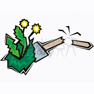 The image is a clipart that shows a broken garden tool, specifically a trowel with its handle snapped off, next to a dandelion weed with two yellow flowers. The dandelion appears to be undamaged, indicating a failed attempt to remove the weed, possibly resulting in the breaking of the tool.