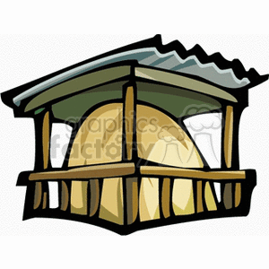 The clipart image depicts a simple hay shed with a large hay bale inside. The shed has a corrugated metal roof and is supported by four corner posts. The hay or straw is visible through the open sides of the shed.