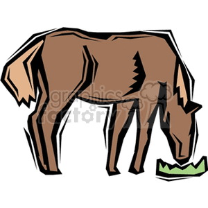 This image features an abstract, stylized clipart of a brown horse grazing. There is a small patch of green grass in front of the horse that it appears to be eating. The lines are bold and angular, giving the artwork a simplistic and modern feel, typical of clipart.
