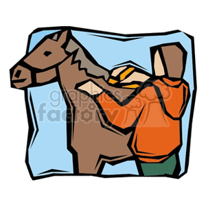 This clipart image depicts a stylized representation of a horse and a woman engaging in grooming activities. The woman appears to be brushing the horse's mane, indicative of routine horse care and maintenance.