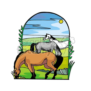 The image is a clipart illustration that features two horses in a pasture. One horse is brown, and the other is gray, both appearing to graze on the green grass. The background includes a landscape of fields under a blue sky with clouds and a sun shining.