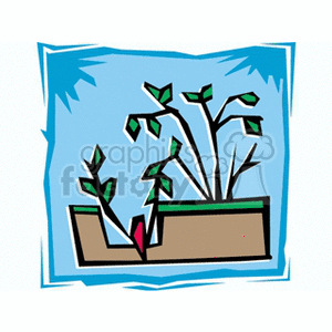 The clipart image shows a stylized depiction of green plants with a few leaves in a brown planter box. The background is blue with a white border, suggesting that the planter may be sitting on a windowsill.