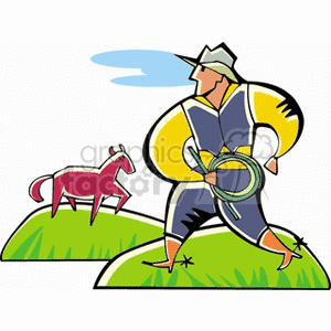 The clipart image depicts a stylized illustration of a cowboy holding a lasso, presumably ready to rope, with a horse in the background. The cowboy is on a grassy mound, suggesting a rural or farm setting.