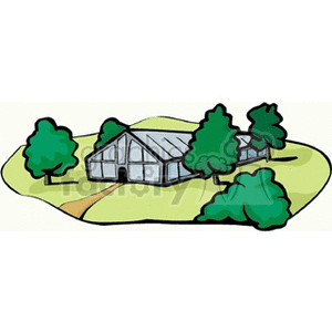 The clipart image depicts a stylized illustration of a farm scene. It features a farmhouse with visible structural lines, surrounded by several trees. The landscape includes a path or road leading up to the house, with rolling hills in the background. The color palette consists of primarily greens, and the overall style is simple and cartoon-like, typical for clipart images.