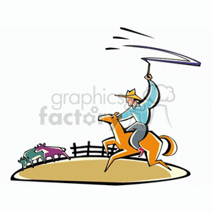 The clipart image depicts a cowboy on horseback swinging a lasso above his head, presumably in the action of cattle roping. In the background, there is a fence, suggesting this scene takes places on a farm or ranch. The cowboy is wearing a hat, which is typical attire for a cowboy, and the horse is in motion, adding a dynamic feel to the image.