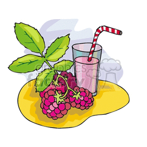 The clipart image depicts a cluster of ripe raspberries attached to a branch with leaves, alongside a full glass of what appears to be raspberry juice or smoothie. The glass has a red and white striped straw. There is a yellow patch beneath the berries, which could be a stylized representation of spilled juice or an abstract design element.