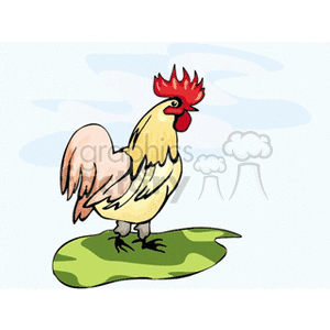 This clipart image features a cartoon rooster standing on a patch of green grass. The rooster is predominantly yellow with a red comb and wattle, and it has a white tail. The background suggests a blue sky with light clouds.