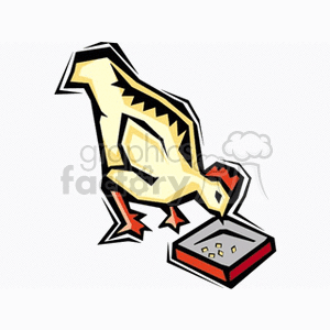 The image is a stylized clipart of a yellow and black rooster with red accents. The rooster appears to be pecking at some feed from a grey feeder.