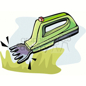 The clipart image features an electric hand-held sheep shears tool commonly used for shearing or trimming the wool off of sheep. The shears have a large handle, and the blades are actively trimming through a section of wool, indicated by the motion lines and cut clumps of wool.