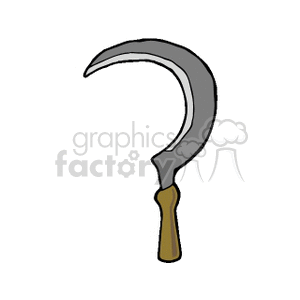 The clipart image depicts a sickle, which is a hand-held agricultural tool with a curved blade typically used for harvesting crops or cutting grass and weeds.