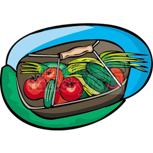 The clipart image shows a basket filled with various vegetables, including tomatoes, cucumbers, and corn. The basket appears to be brimming with a fresh harvest from a garden or farm, representing the concept of agriculture and the bounty of a vegetable harvest.