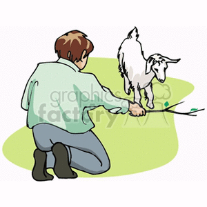In the clipart image, there is a boy kneeling and feeding a small lamb with what appears to be a twig or some sort of green plant. The lamb is standing on all fours and appears to be reaching out to eat the offering. The background is minimal, featuring just a suggestion of grass under the boy and lamb.