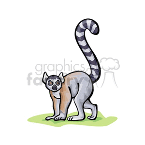 This clipart image depicts a stylized cartoon lemur, specifically a Ring-tailed lemur (Lemur catta), identifiable by its distinctive black and white ringed tail. The lemur has a grey body, a long tail with prominent stripes, and large, expressive eyes.