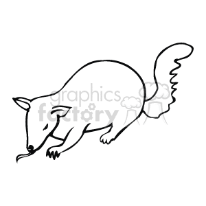 The line art drawing shows an anteater, a mammal known for its long snout and sticky tongue that it uses to eat ants and termites. The image depicts the anteater with its tongue extended, ready to catch some ants, while standing on all fours in a natural setting.
