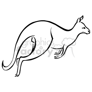 The image is a black and white line art of a kangaroo. The kangaroo appears to be in mid-hop, with its characteristic powerful hind legs and long tail prominent in the image. 