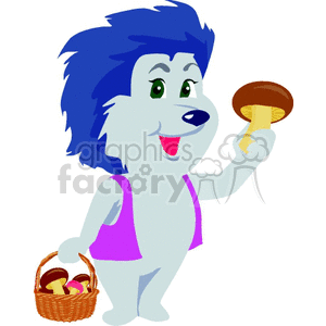 The clipart image depicts a cartoon bear with blue hair and a purple top, standing upright like a human and holding a mushroom in one paw. The bear also carries a small basket filled with mushrooms in the other paw. The expression on the bear's face is cheerful.