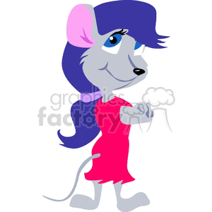 This clipart image depicts an anthropomorphized female mouse. The mouse is characterized by its human-like stance, standing on two legs. It has a stylized appearance, with large eyes and a friendly face. The mouse has gray fur, a long tail, pink inner ears, and wears a pink dress and a blue wig or hair styled in a fashionable way.