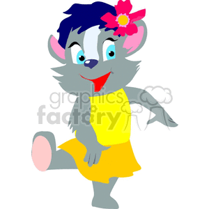This clipart image depicts a stylized anthropomorphic female mouse. The character is shown with gray fur, a smiling expression, and big blue eyes, wearing a yellow dress. A pink flower with a yellow center is placed on her head beside her blue hair, and she seems to be in a dancing or cheerful pose with one foot lifted off the ground.