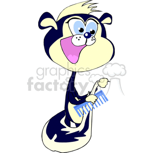 The clipart image features a cartoon skunk with a prominent tail, standing upright, and holding a comb. The skunk is using the comb to groom its tail. This animated character is stylized with big eyes and a large, pink tongue.