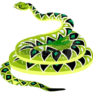 The clipart image depicts a stylized snake with green and black diamond-shaped patterns on its body, which is coiled in a resting but alert posture, and it has a playful, cartoonish design. The snake appears to have a small friendly smile, indicating that it's designed to be more appealing and less threatening.