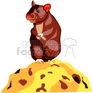 The clipart image features a stylized illustration of a brown mouse standing upright on a mound of yellow cheese with holes, seemingly resembling Swiss cheese. The mouse appears cartoonish with large ears, a pink nose, and is holding a small piece of cheese in its hands.