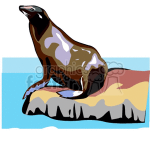The clipart image displays a stylized depiction of a seal perched on a rock by the water. The seal is rendered in shades of brown and white, with distinct patches that suggest fur. It is posed in a characteristic upright position with its head raised proudly.