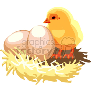 This clipart image features a small, golden-yellow baby chick sitting next to two large, uncracked eggs. The chick and eggs are nestled within a brown nest composed of straw or hay, which provides a cozy environment. The chick appears to be content and at ease within the nest.