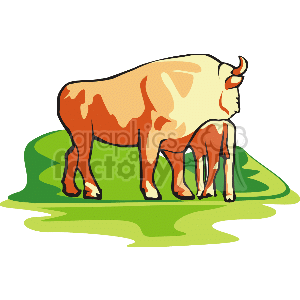 This clipart image depicts a stylized illustration of a mother bison and her calf. The mother bison is standing on what seems to be a patch of grass. The image is quite simple and uses a limited color palette.