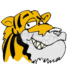 The clipart image features a cartoon of a smiling tiger. The tiger's defining characteristics, such as the striped pattern, orange fur, and sharp teeth, are stylized in a simplistic and exaggerated manner. It depicts the tiger with a wide grin, showcasing its teeth, and it has a cheerful expression.